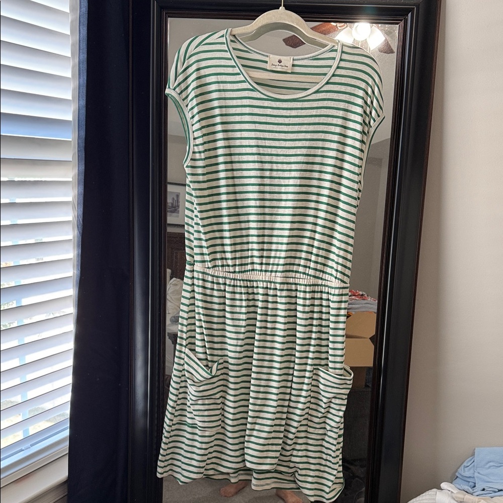 Betsey Boutique Green and White Striped Dress with Pockets